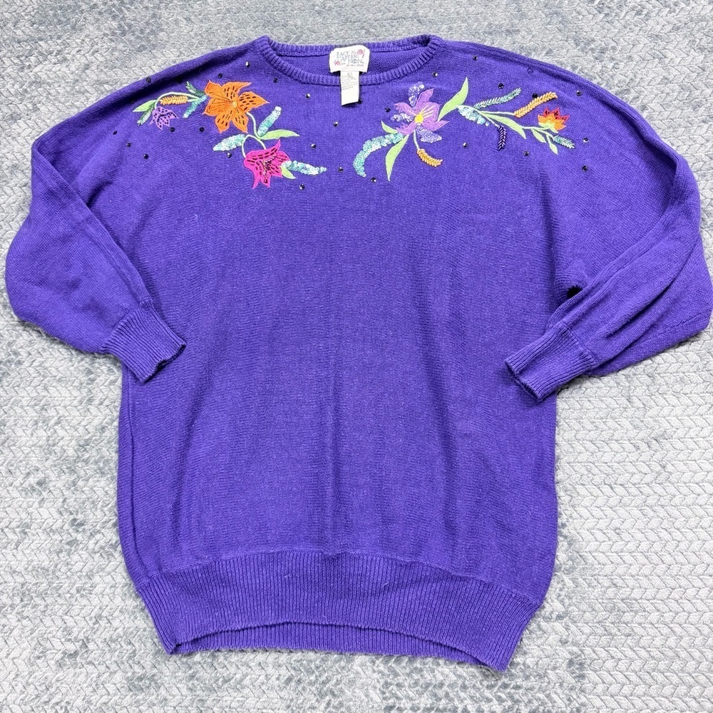 Vintage Lacy Afternoon by Shell Kepler Purple Floral Sequin Sweater Size Large